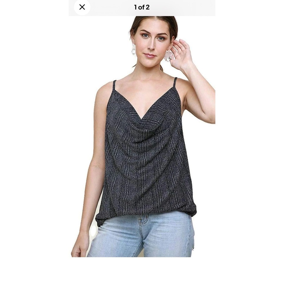 Umgee Silver Metallic Shimmer Cowl Neck‎ Camisole Tank Top G1527 Womens Medium